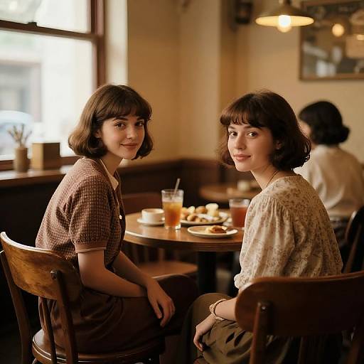 Photograph of two young women with short brown hair, wearing checkered and floral shirts, seated at a wooden cafe table, smiling, with a drink