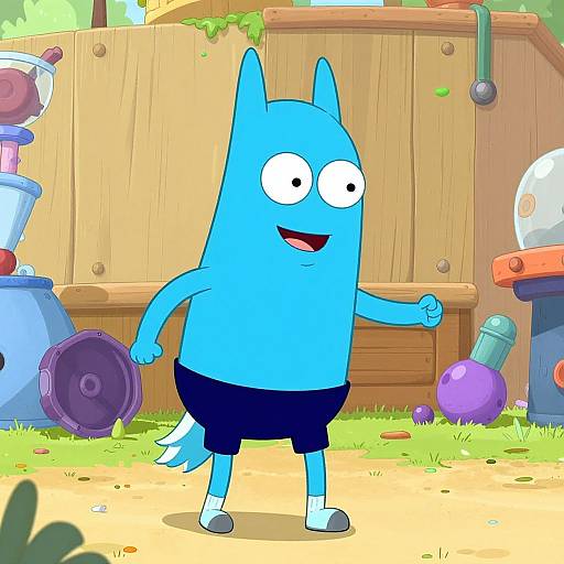 Cartoon blue anthropomorphic dog in black shorts, standing in a colorful backyard with wooden fence, exercise equipment, and scattered toys.