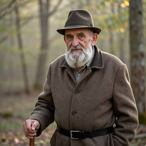 Photograph of an elderly white man with a white beard, brown coat, and hat, standing in a forest, holding a wooden cane. Blurred