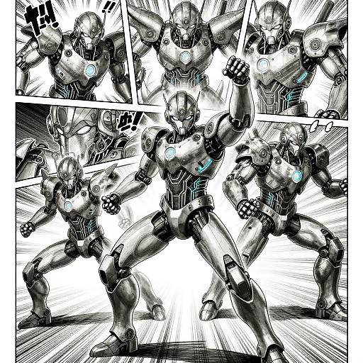 Black-and-white comic-style illustration of four powerful, glowing, robotic warriors in dynamic action poses, with energetic lines and dramatic lighting.