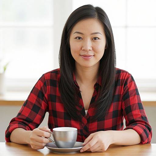 Photograph of an Asian woman with straight black hair, wearing a red and black plaid shirt, sitting at a wooden table, holding a silver te