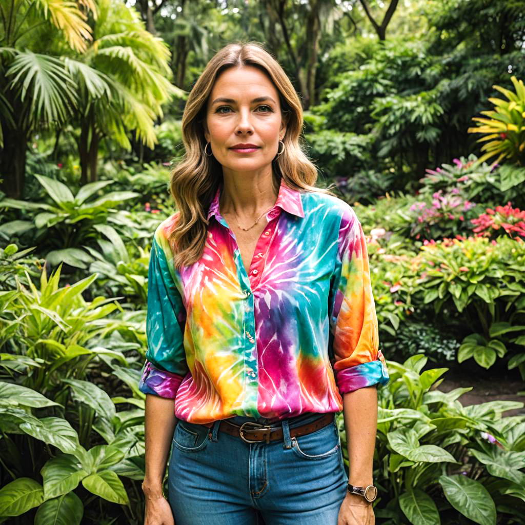 Chic Woman in Vibrant Botanical Setting