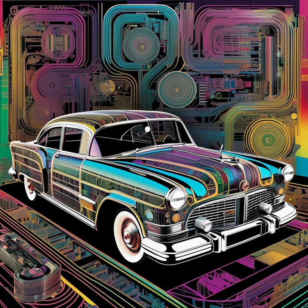 Vintage Car Circuitry Art Inspired by Warhol