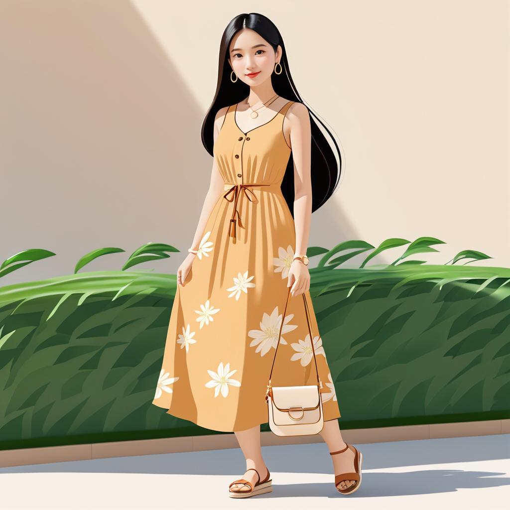 Cartoon Illustration of Asian Woman in Sundress