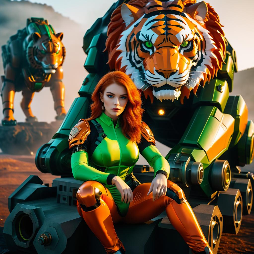 Futuristic Woman with Mechanical Tiger