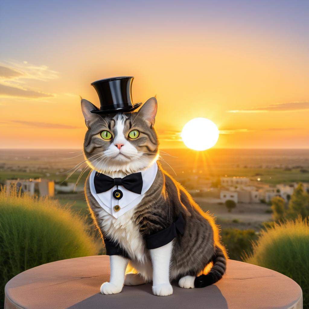 Whimsical Cat with Monocle at Sunset