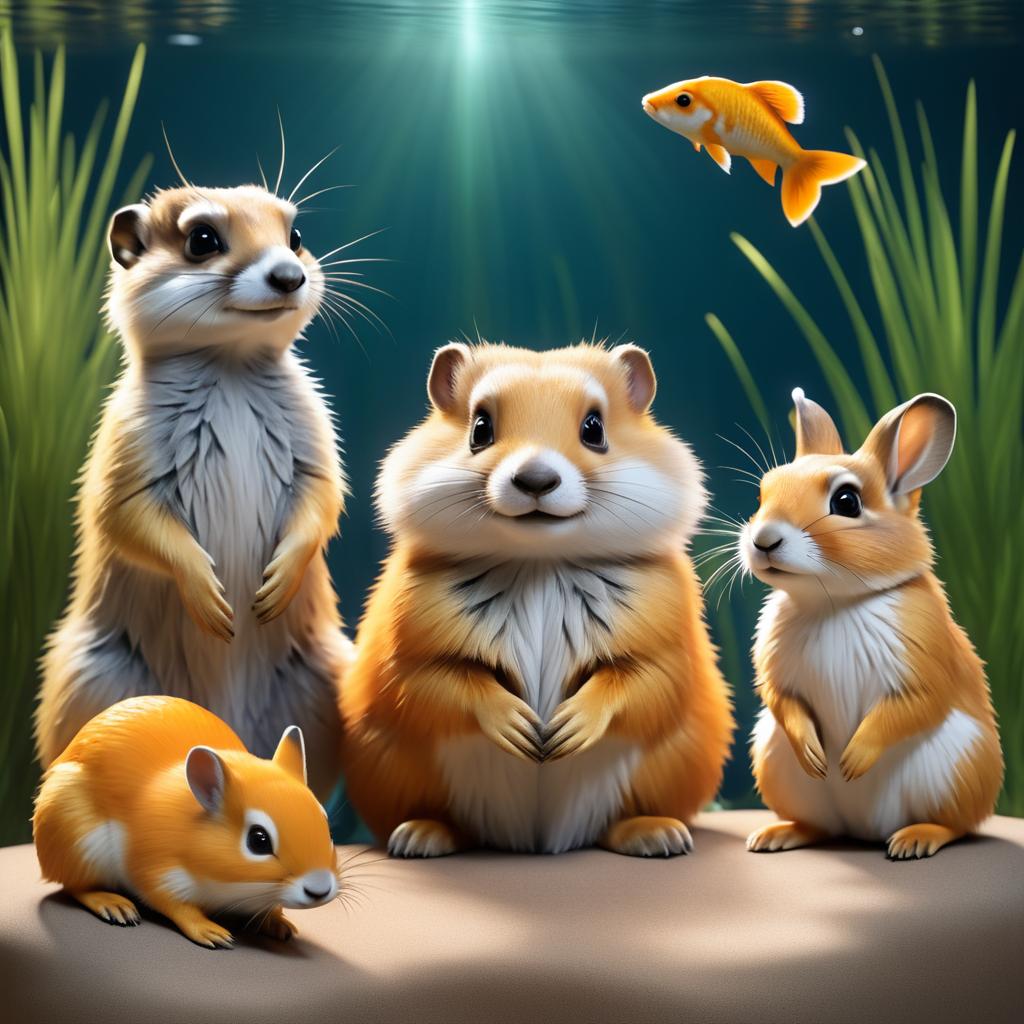 Serene Companions: Meerkat, Goldfish, and Rabbit