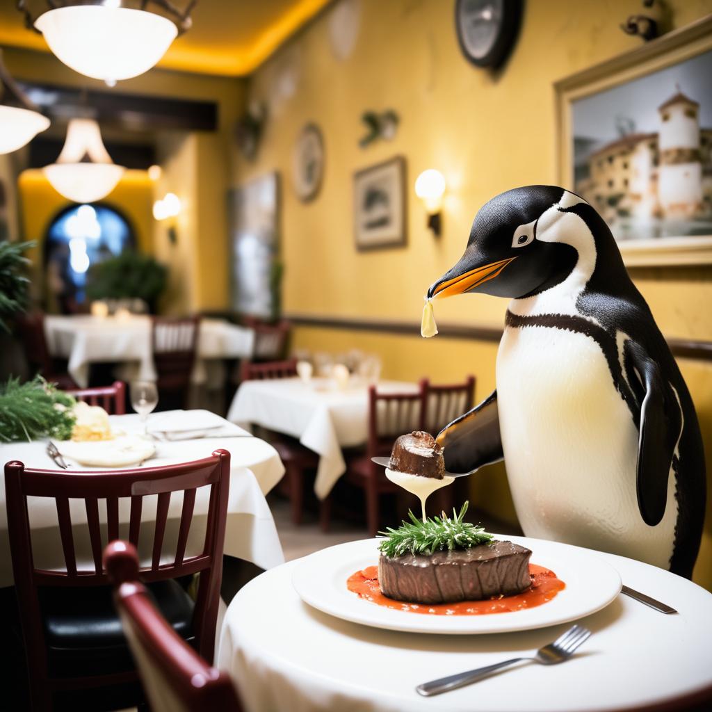 Whimsical Penguin Dining at Italian Eatery