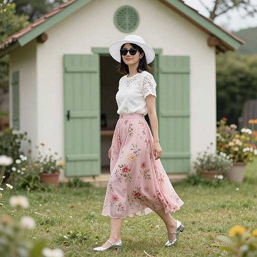 Photograph of a woman in a white hat, black sunglasses, white lace top, pink floral skirt, and white shoes, standing in front of a