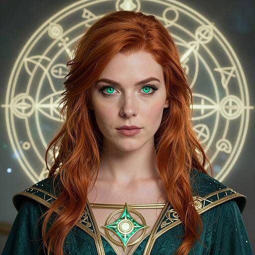 Photorealistic digital portrait of a red-haired woman with green eyes, wearing a dark, ornate robe with a glowing green pendant, set against a