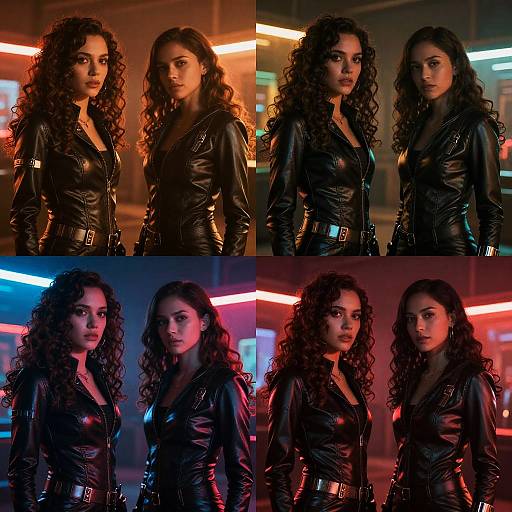 Photograph collage of four women with curly dark hair in black leather jackets, standing in neon-lit urban night scene.