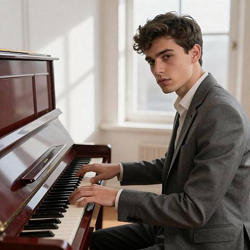 Serious Young Man at Red Piano