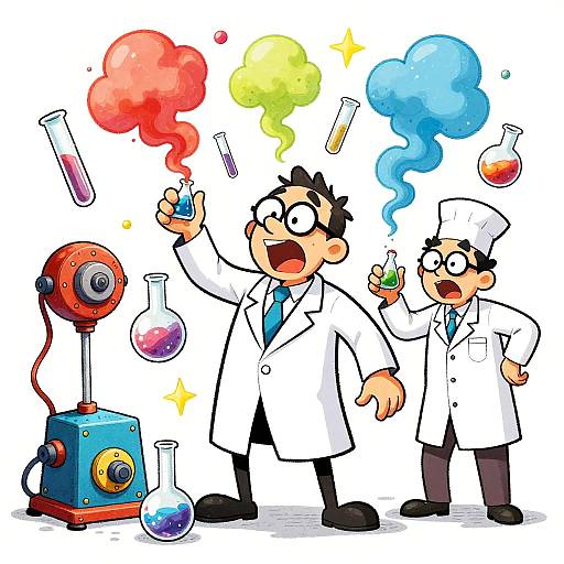 Cartoon illustration of two excited male scientists in white lab coats with black hair, holding colorful beakers, surrounded by colorful gas clouds and a red test