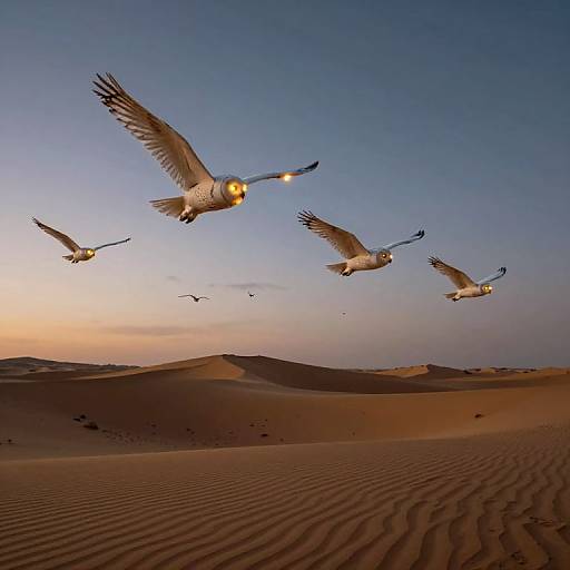 Photograph of five glowing, robotic birds with outstretched wings flying over a vast, rippled desert at sunset, under a gradient blue-to-orange