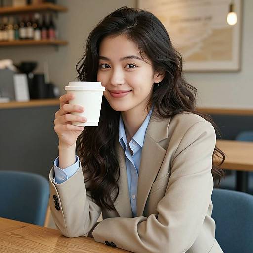 Photograph of an Asian woman with long, wavy black hair, wearing a beige blazer and light blue shirt, smiling while holding a white coffee
