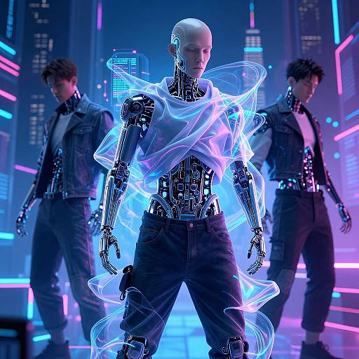 Photograph-like digital artwork of a bald, cybernetic figure in black pants and a glowing, ethereal blue aura, flanked by two men