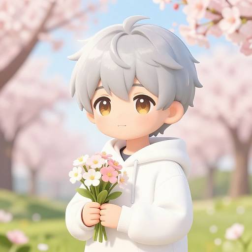 Anime-style digital illustration of a cute, silver-haired boy with large brown eyes, wearing a white hoodie, holding a bouquet of white and pink flowers,