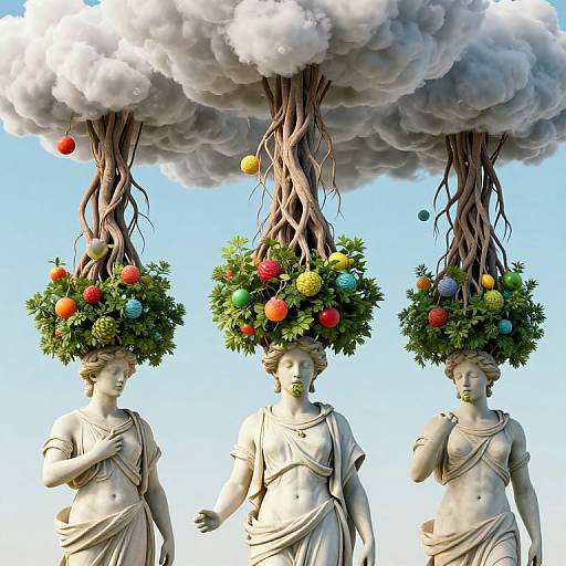 Photorealistic digital art: Three classical marble statues with green-painted faces, wearing draped cloth, carry cloud-like structures with roots and colorful orbs,