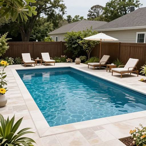 Photograph of a rectangular backyard pool with clear blue water, surrounded by white tiles, four beige lounge chairs, and a white umbrella, bordered by a