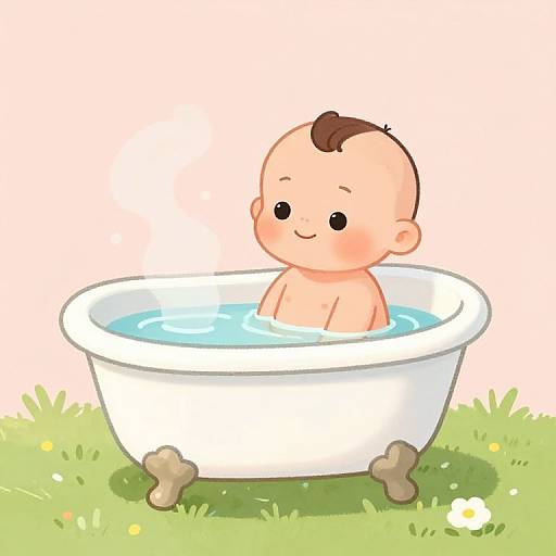 Cute digital illustration of a bald, fair-skinned baby with a small brown tuft of hair, smiling in a white clawfoot bathtub filled with