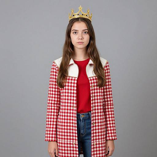 Photograph of a young girl with long brown hair, wearing a red and white checkered coat, red shirt, blue jeans, and a gold crown