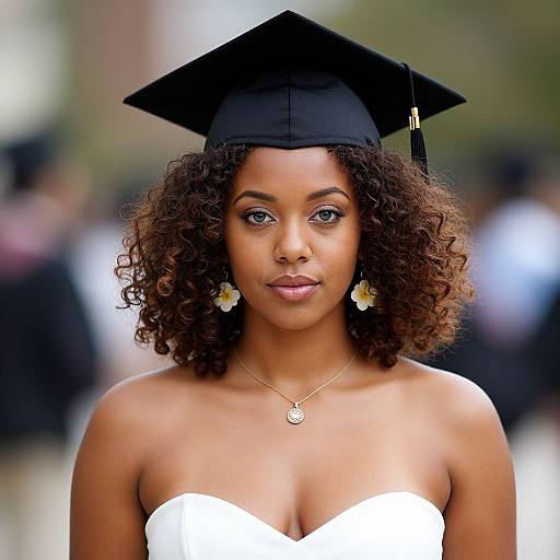 Curly-Haired Graduate in White Dress