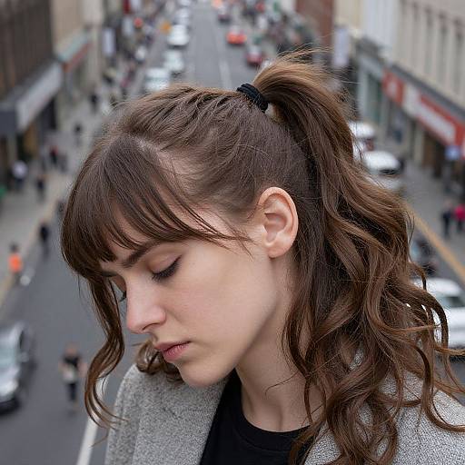 Photograph of a young woman with fair skin, brown wavy hair in a high ponytail, wearing a gray coat, looking down on a busy