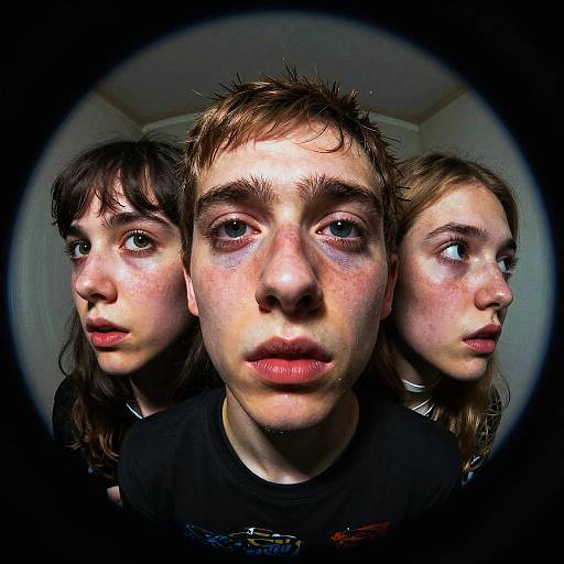 Photograph of three young people with pale skin and freckles, standing closely together in a dimly lit room, viewed through a fisheye