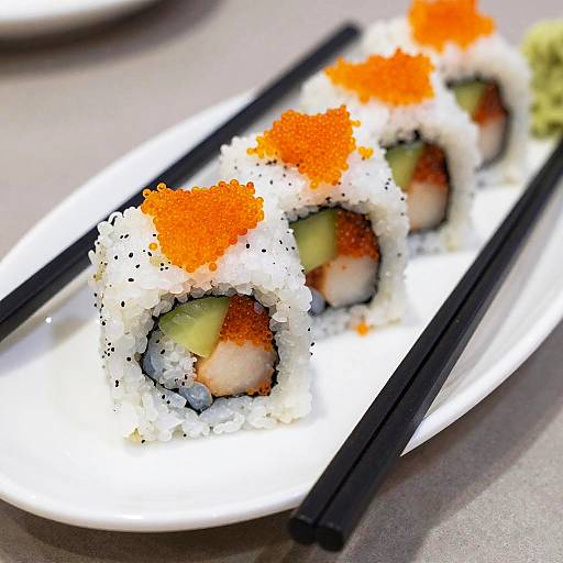Photograph of three sushi rolls with white rice, cucumber, fish, topped with orange fish roe, placed on a white plate with black chopsticks