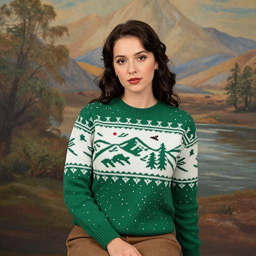 Photograph of a fair-skinned woman with dark curly hair, wearing a green and white Christmas sweater, against a painted mountain landscape backdrop.