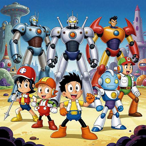Pixel art of Megaman team: five colorful, robotic characters with humans in front, futuristic landscape with cities in background. Vibrant, retro style.