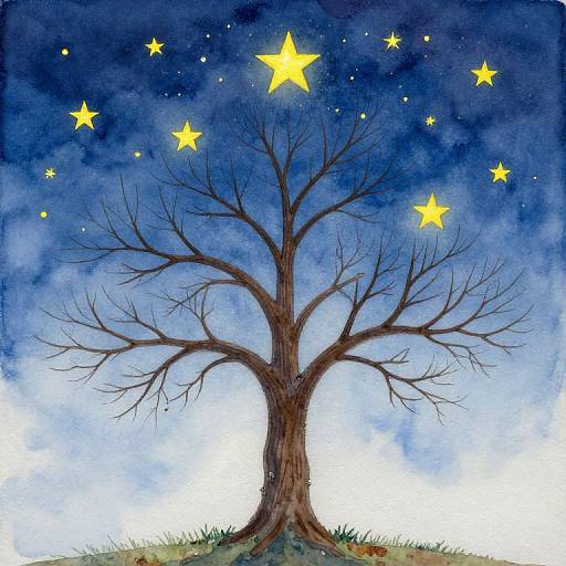 Watercolor Painting of Tree and Stars
