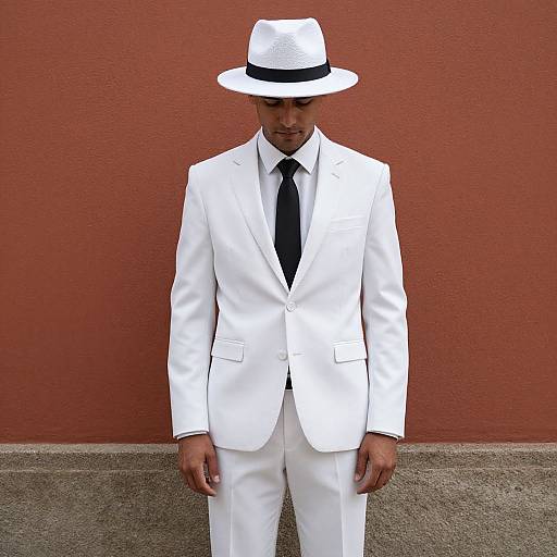 Photograph of a man in a white suit, black tie, and white fedora, standing against a red textured wall.