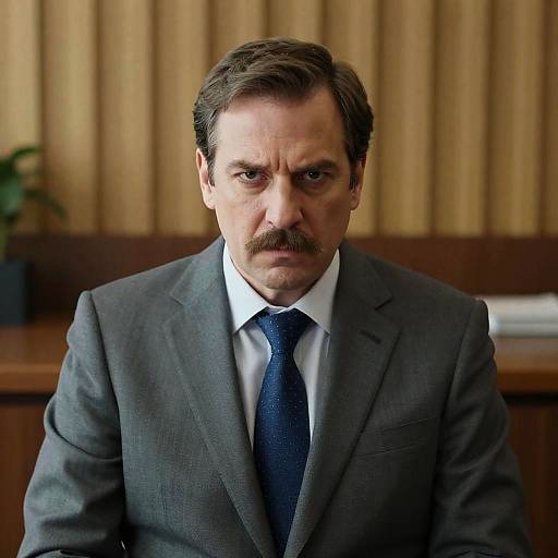 Middle-aged man in gray suit with intense expression