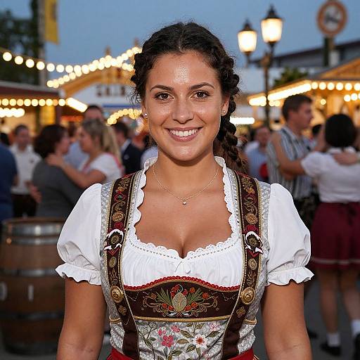 Photograph of a smiling young woman with brown braided hair in a traditional German dirndl with floral embroidery, white blouse, and gold necklace, standing