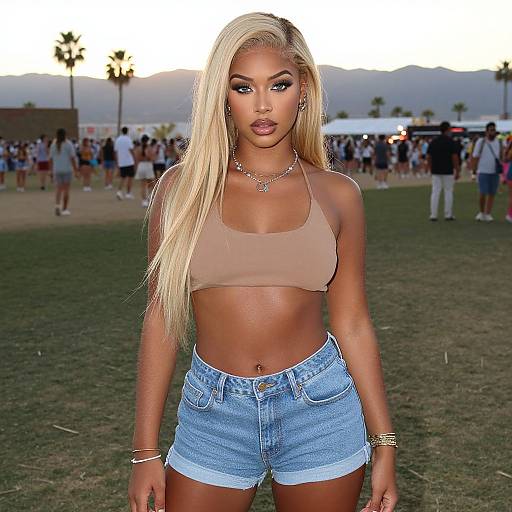 Photograph of a blonde, tan-skinned woman with long hair, wearing a beige crop top and blue denim shorts, standing in a grassy outdoor
