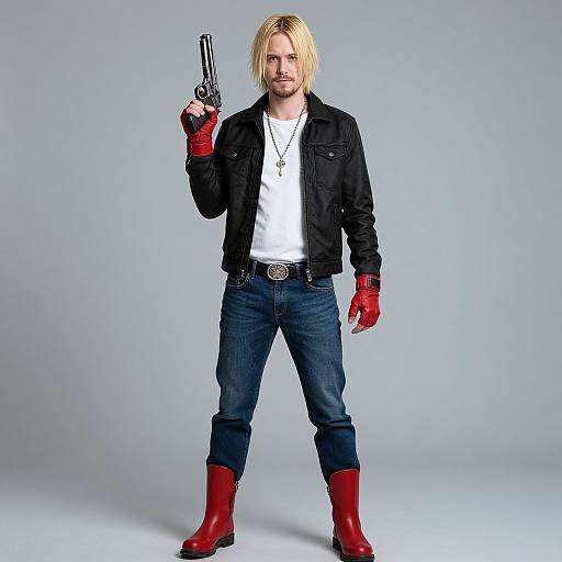 Photograph of a blonde man with a beard, wearing a black jacket, white shirt, blue jeans, red gloves, and boots, holding a gun