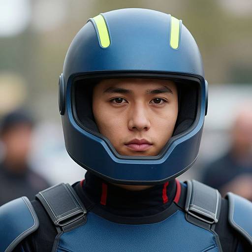Photograph of an Asian man in a blue sci-fi helmet with yellow stripes, wearing a black tactical vest, with a serious expression in a blurred outdoor
