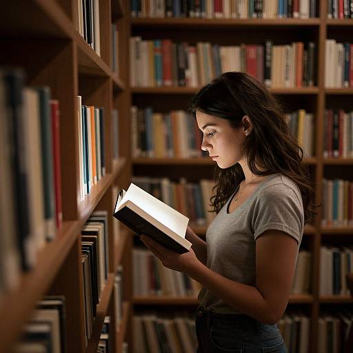 Photograph of a young woman with long dark hair, wearing a grey t-shirt, reading a book in a dimly lit library. Shelves filled