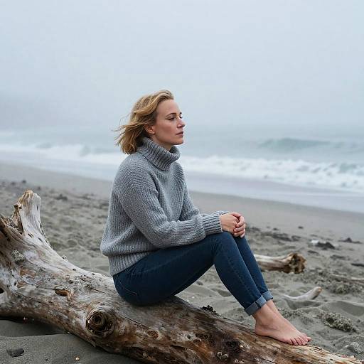 Photograph of a blonde woman in a gray knitted turtleneck and blue jeans, sitting barefoot on a driftwood log on a gray sandy