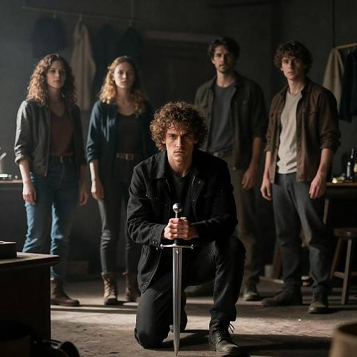 Kneeling Swordsman in Dim Room