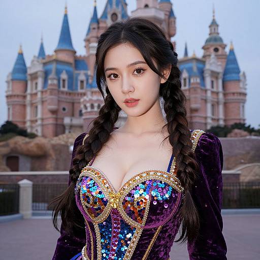 Photograph of an Asian woman with long braided hair, wearing a sequined, low-cut purple dress, standing in front of a castle backdrop.