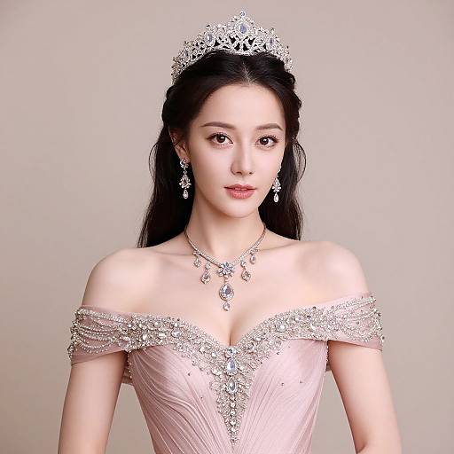 Photograph of an Asian woman with fair skin, long black hair, wearing an off-shoulder pink gown with silver embroidery, a diamond tiara