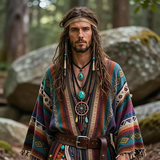 Bohemian Man in Tribal Robe with Dreamcatcher Necklace