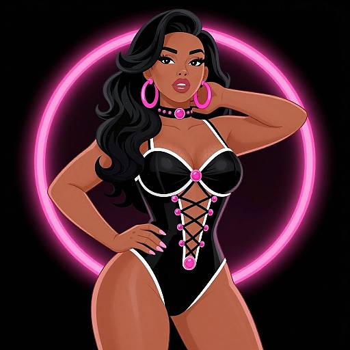 Digital illustration of a curvy, dark-skinned woman with long black hair, wearing a black, lace-up, neon pink-accented bodys