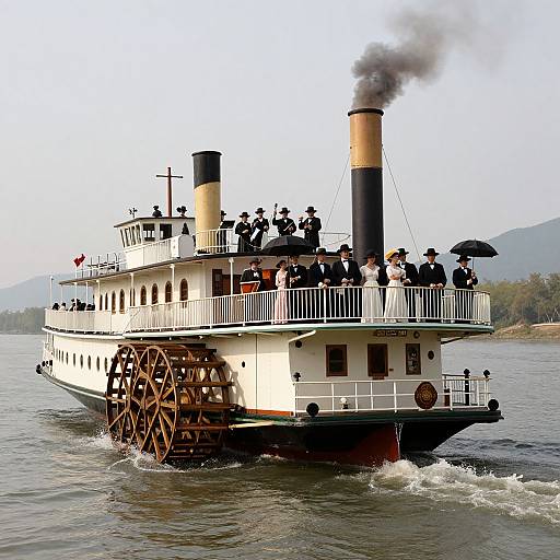 Photograph of a vintage steamboat with black and white smokestacks, wooden paddle wheels, and passengers on deck, sailing on a calm river with