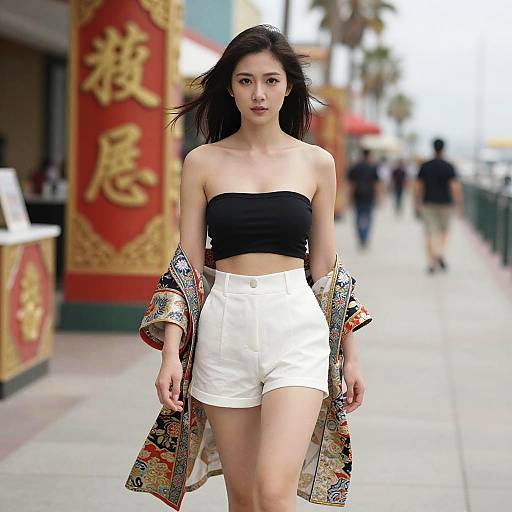 Elegant Asian Woman in Vibrant Boardwalk Scene
