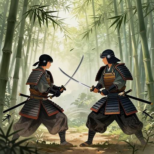Digital illustration of two samurai facing each other in a bamboo forest, both holding swords, wearing traditional armor and helmets.