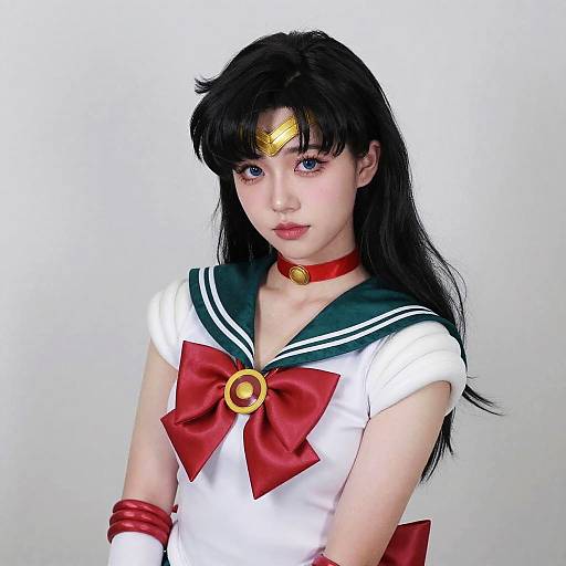 Photograph of an Asian woman cosplaying as Sailor Moon, wearing a white sailor uniform with red bow, gold tiara, and red choker.