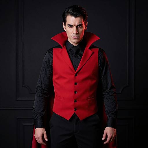 Photograph of a stern-looking man with dark hair, wearing a black shirt, red velvet vest, and matching red cape, standing against a dark,